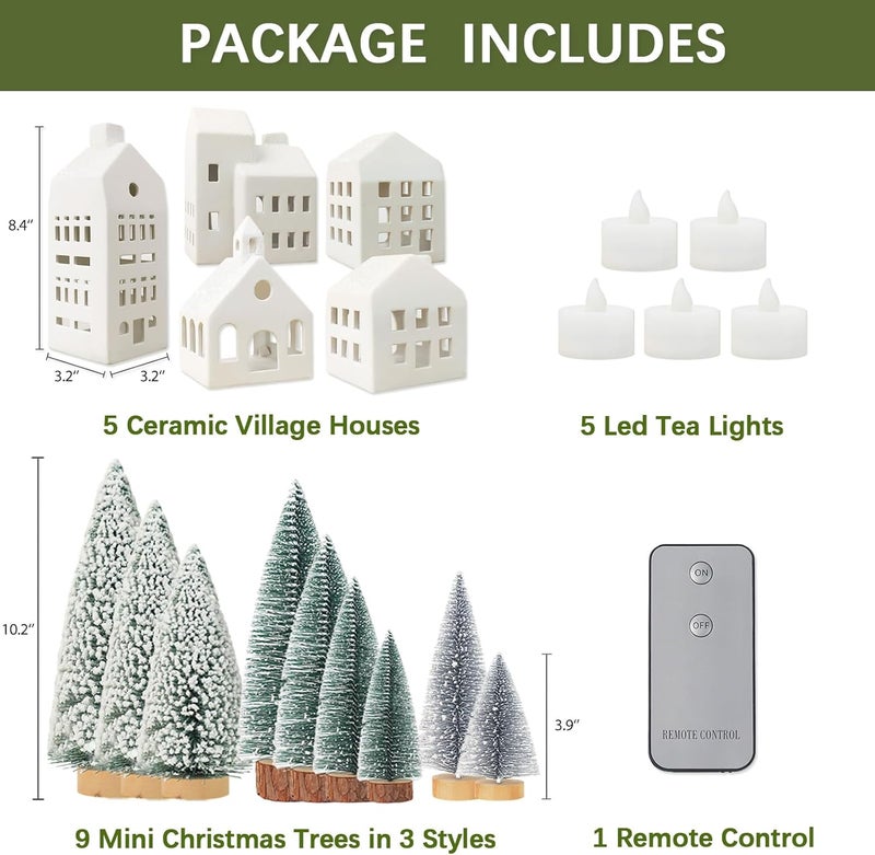 ORIENTAL CHERRY Christmas Decorations - Christmas Village Sets of 5 Lighted Ceramic Houses with Remote Control & 9 Trees - Indoor White Xmas Holiday Rustic Unique Decor for Home Table Room Farmhouse Decoration - Image 2